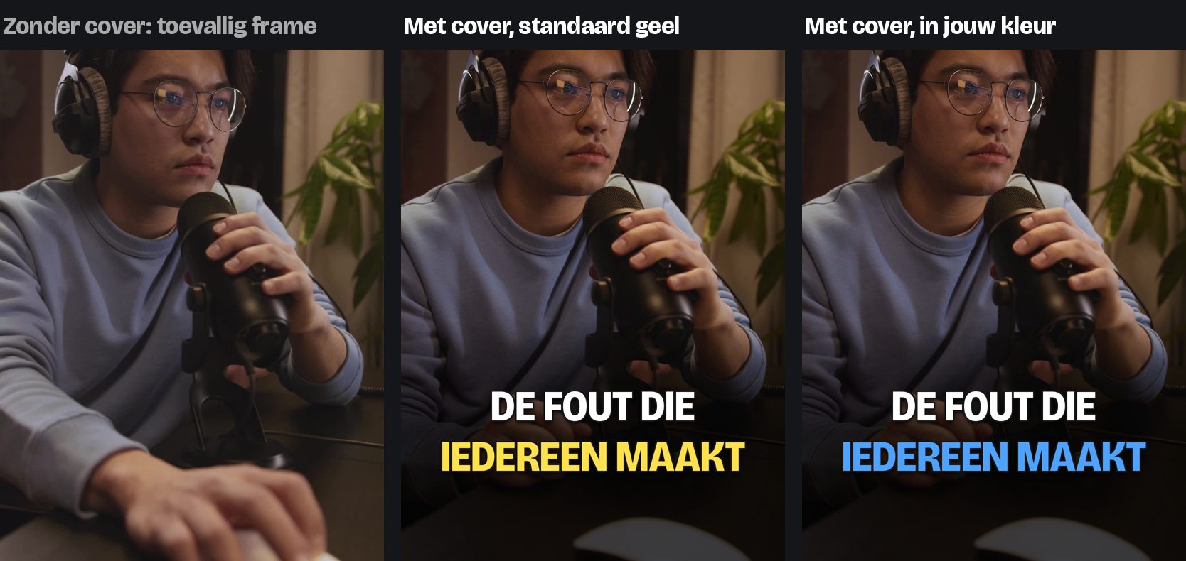 Links een toevallig frame uit een podcast, in het midden dezelfde spreker op een cover met titel in geel, rechts dezelfde cover in blauw